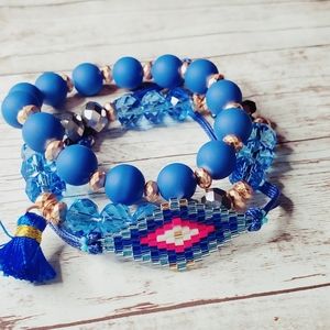 Blue Indian glass bead bracelet stack